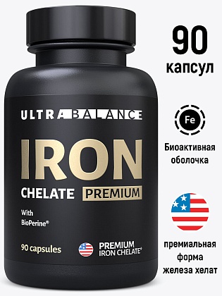 Железо хелатное премиум UltraBalance Iron Chelated Premium, витамины хелат с пиперином для мужчин и женщин, 90 капсул