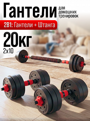 Гантели разборные для фитнеса + штанга спортивная, общий вес 20 кг, 2 гантели по 10 кг или штанга 20 кг